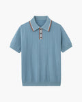 Men's Ribbed Button Polo With Contrast Collar Trim - Blue Grey