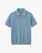 Men's Ribbed Button Polo With Contrast Collar Trim - Blue Grey
