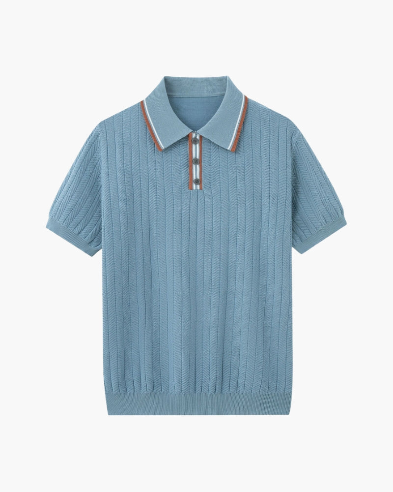 Men's Ribbed Button Polo With Contrast Collar Trim - Blue Grey