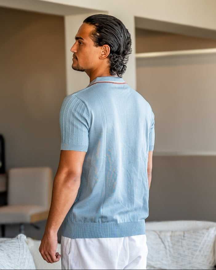 Men's Ribbed Button Polo With Contrast Collar Trim - Blue Grey