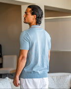 Men's Ribbed Button Polo With Contrast Collar Trim - Blue Grey