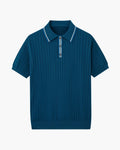Men's Ribbed Button Polo With Contrast Collar Trim - Blue