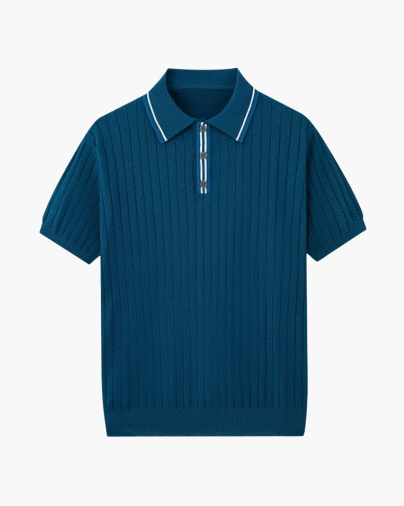 Men's Ribbed Button Polo With Contrast Collar Trim - Blue