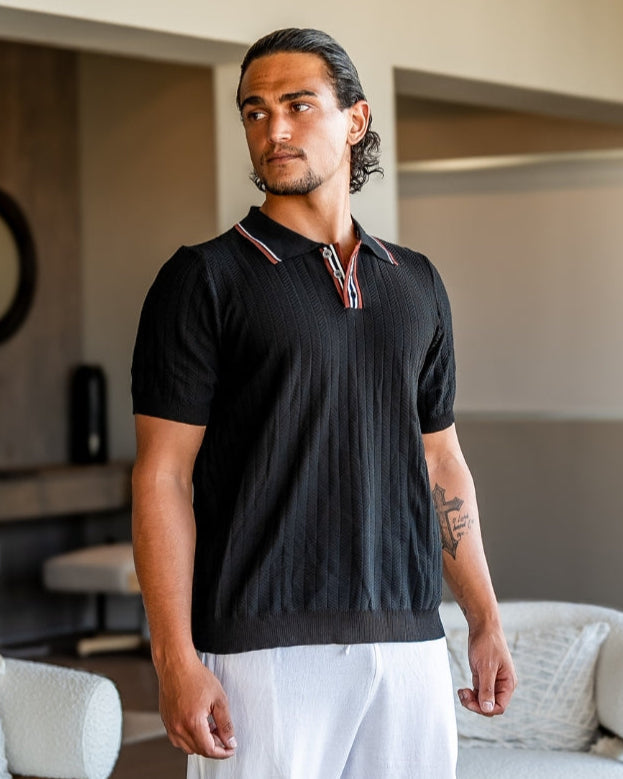 Men's Ribbed Button Polo With Contrast Collar Trim - Black
