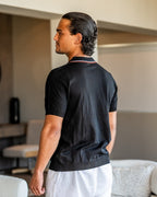 Men's Ribbed Button Polo With Contrast Collar Trim - Black