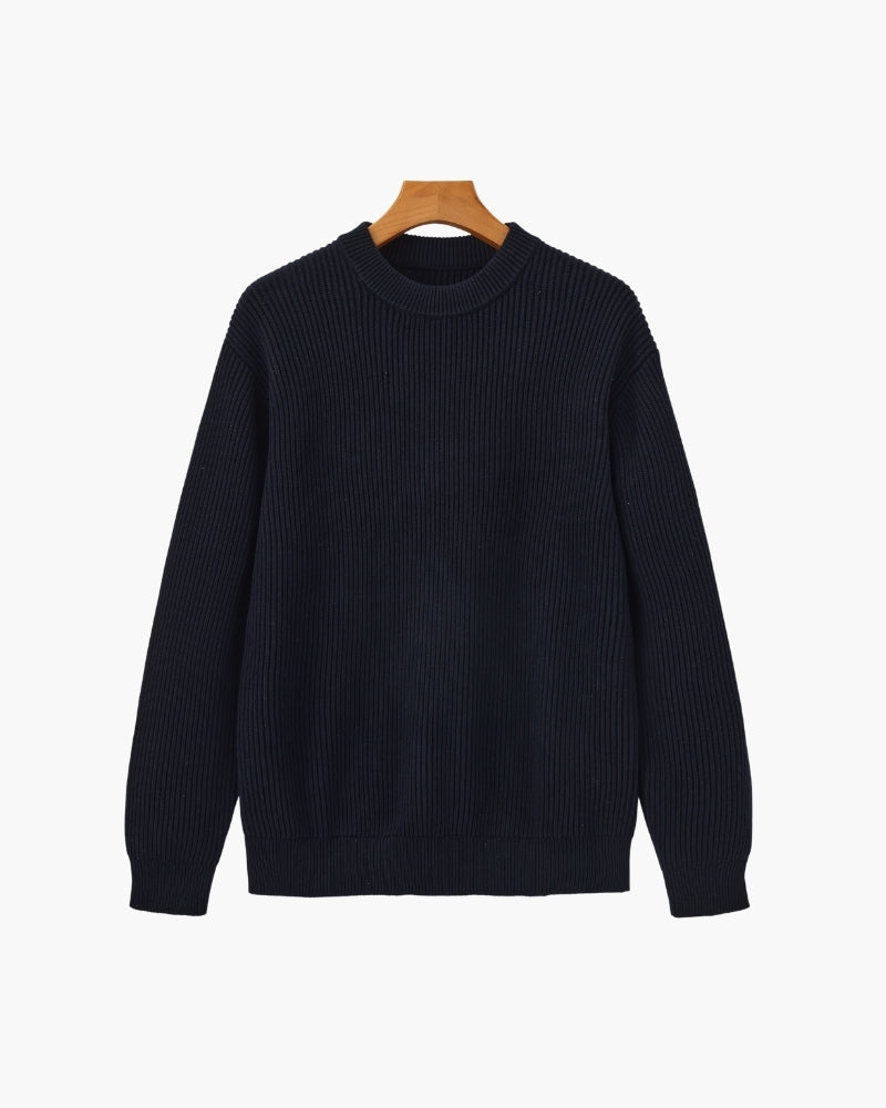 Men's Ribbed Crew-Neck Jumper With Banded Cuffs - Navy
