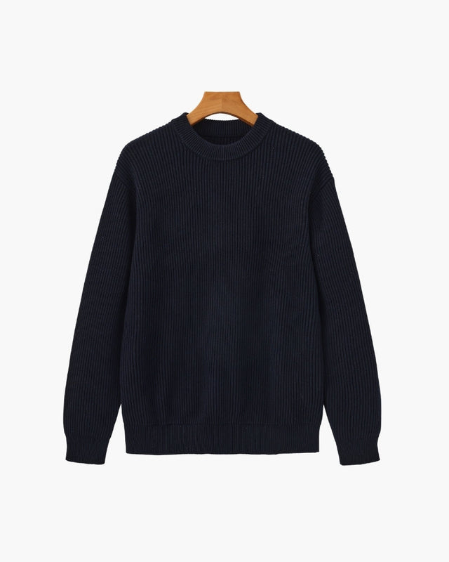 Men's Ribbed Crew-Neck Jumper With Banded Cuffs - Navy