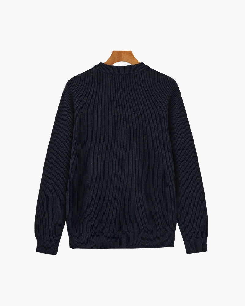 Men's Ribbed Crew-Neck Jumper With Banded Cuffs - Navy