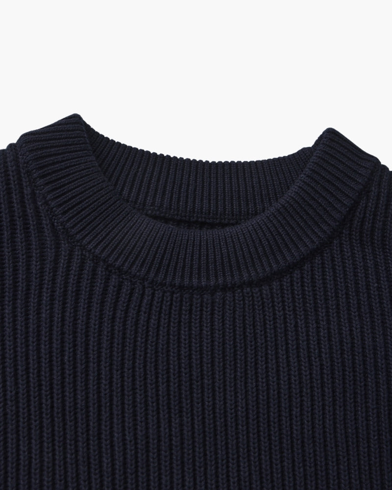 Men's Ribbed Crew-Neck Jumper With Banded Cuffs - Navy