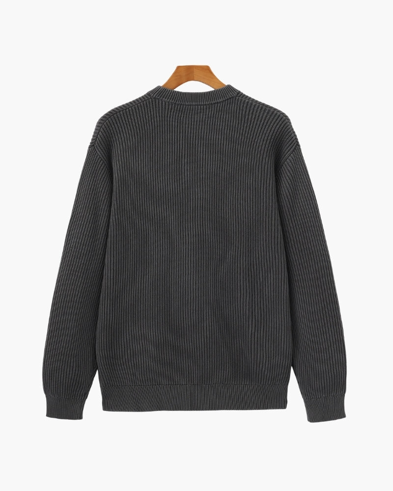 Men's Ribbed Crew-Neck Jumper With Banded Cuffs - Grey