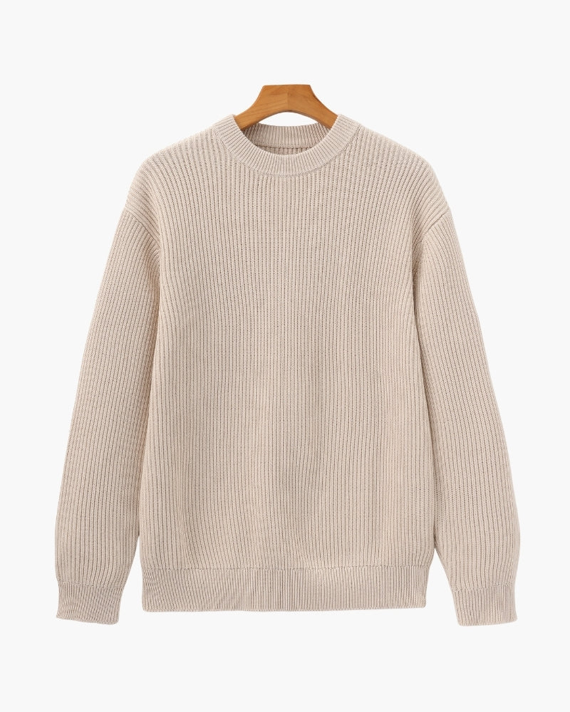 Men's Ribbed Crew-Neck Jumper With Banded Cuffs - Beige