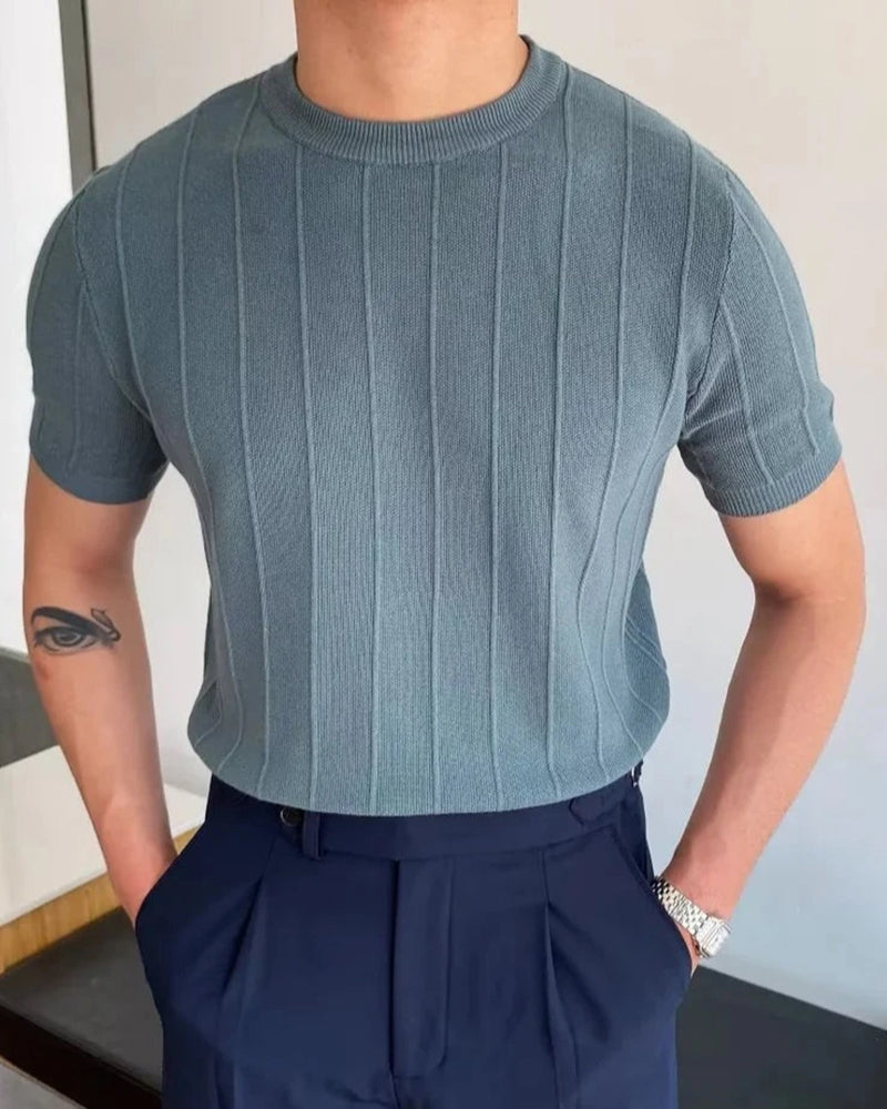 Men's Ribbed Crew-Neck T-Shirt With Banded Short Sleeves - Blue