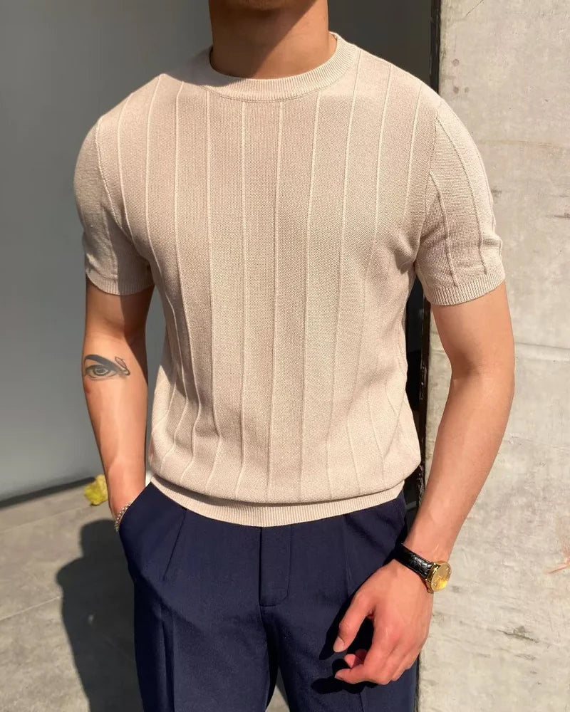 Men's Ribbed Crew-Neck T-Shirt With Banded Short Sleeves - Beige