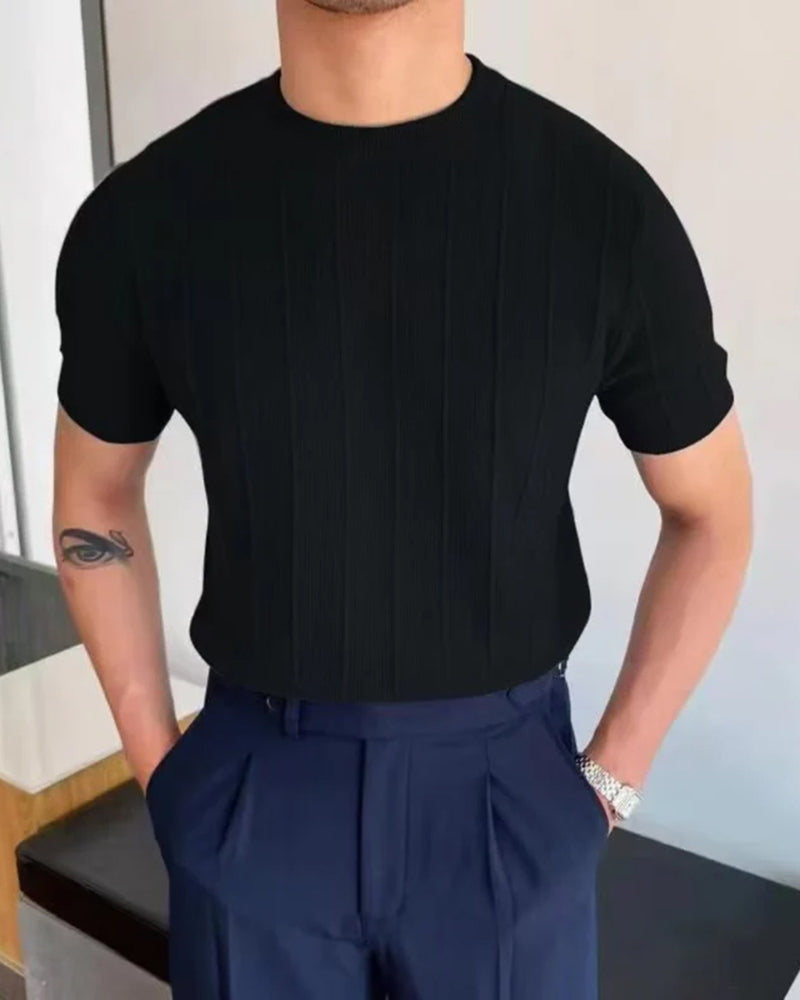 Men's Ribbed Crew-Neck T-Shirt With Banded Short Sleeves - Black