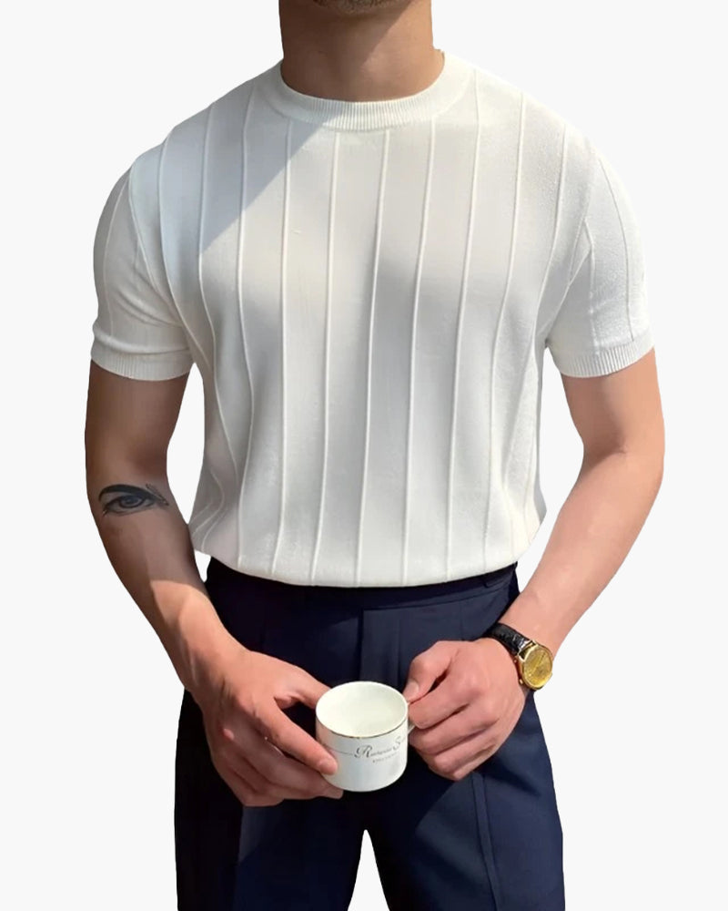 Men's Ribbed Crew-Neck T-Shirt With Banded Short Sleeves - White