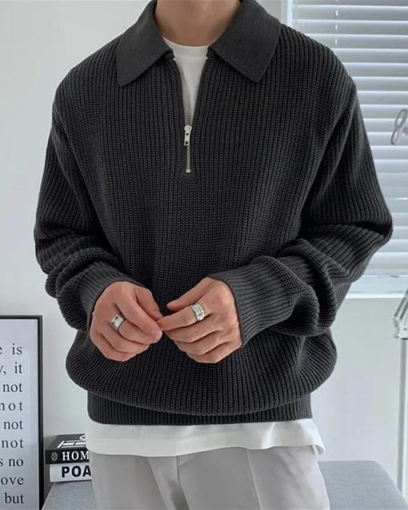 Men's Ribbed Half-Zip Jumper With Broad Pointed Collar - Dark Grey