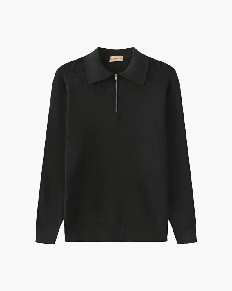 Men's Ribbed Half-Zip Jumper With Broad Pointed Collar - Dark Grey