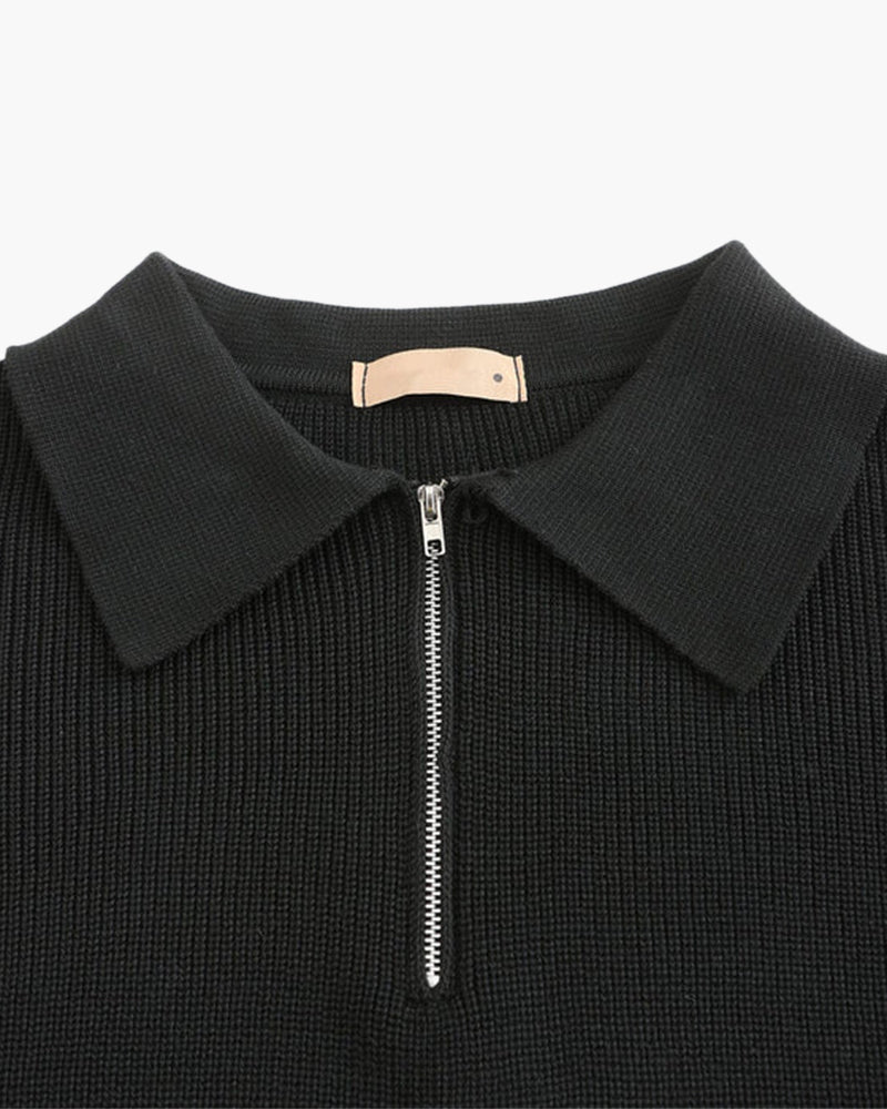 Men's Ribbed Half-Zip Jumper With Broad Pointed Collar - Dark Grey