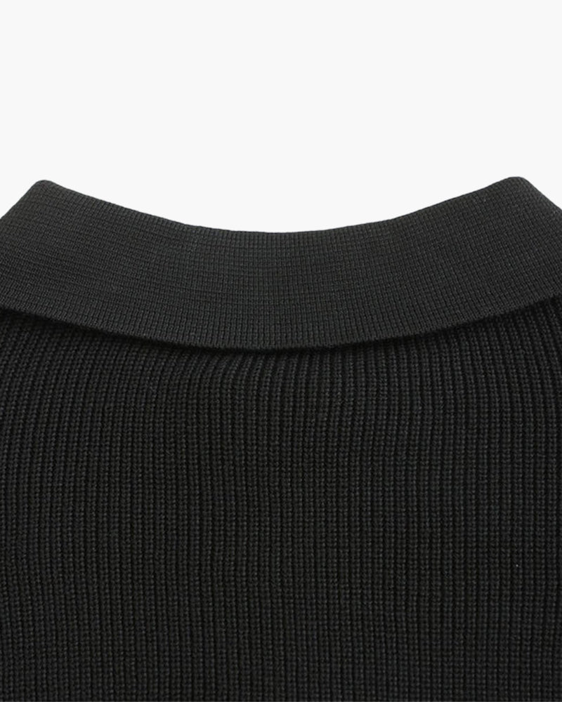 Men's Ribbed Half-Zip Jumper With Broad Pointed Collar - Dark Grey