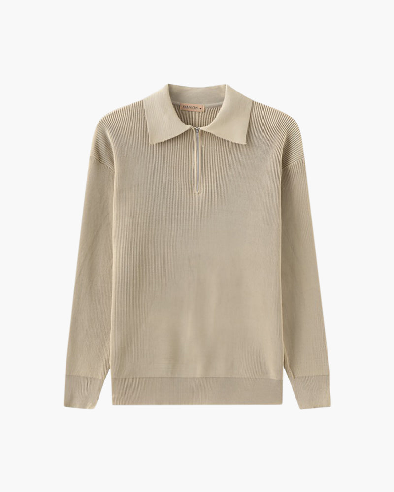 Men's Ribbed Half-Zip Jumper With Broad Pointed Collar - Nude