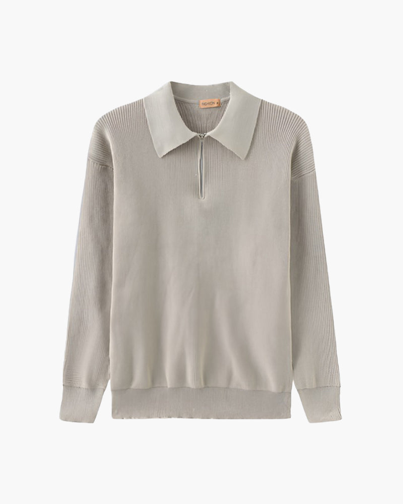 Men's Ribbed Half-Zip Jumper With Broad Pointed Collar - Light Grey
