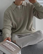 Men's Ribbed Half-Zip Jumper With Broad Pointed Collar - Light Grey