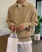 Men's Ribbed Half-Zip Jumper With Broad Pointed Collar - Nude