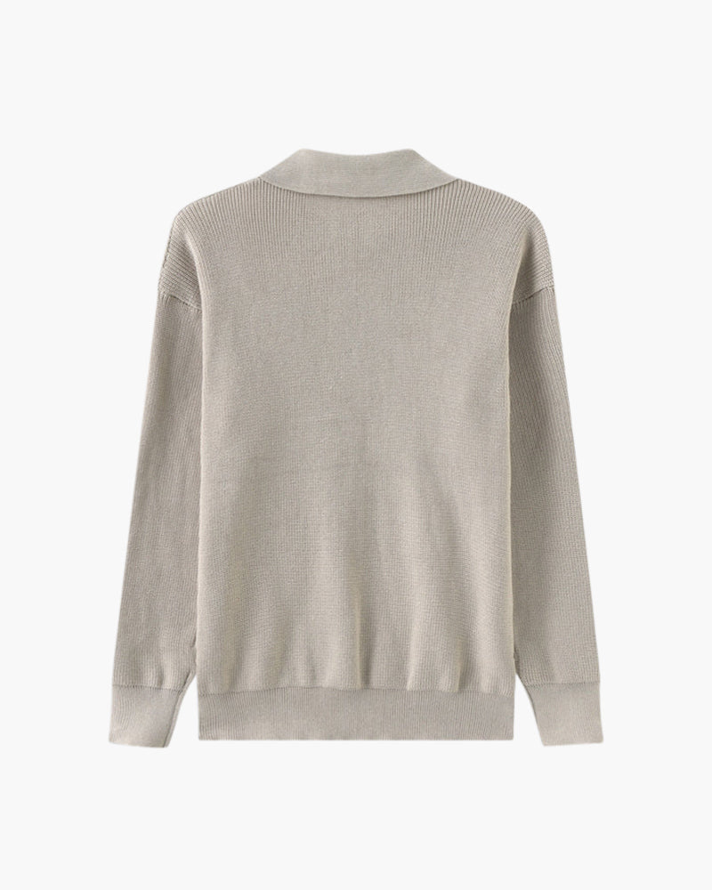 Men's Ribbed Half-Zip Jumper With Broad Pointed Collar - Light Grey