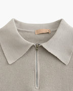 Men's Ribbed Half-Zip Jumper With Broad Pointed Collar - Light Grey