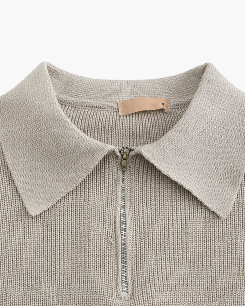 Men's Ribbed Half-Zip Jumper With Broad Pointed Collar - Light Grey