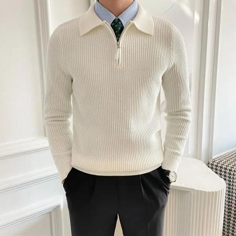 Men's Ribbed Half-Zip Jumper With Flat Knitted Collar - Colour options