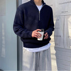 Men's Ribbed Half-Zip Jumper With Stand Collar - Navy