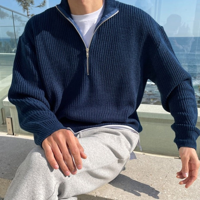Men's Ribbed Half-Zip Jumper With Stand Collar - Colour options