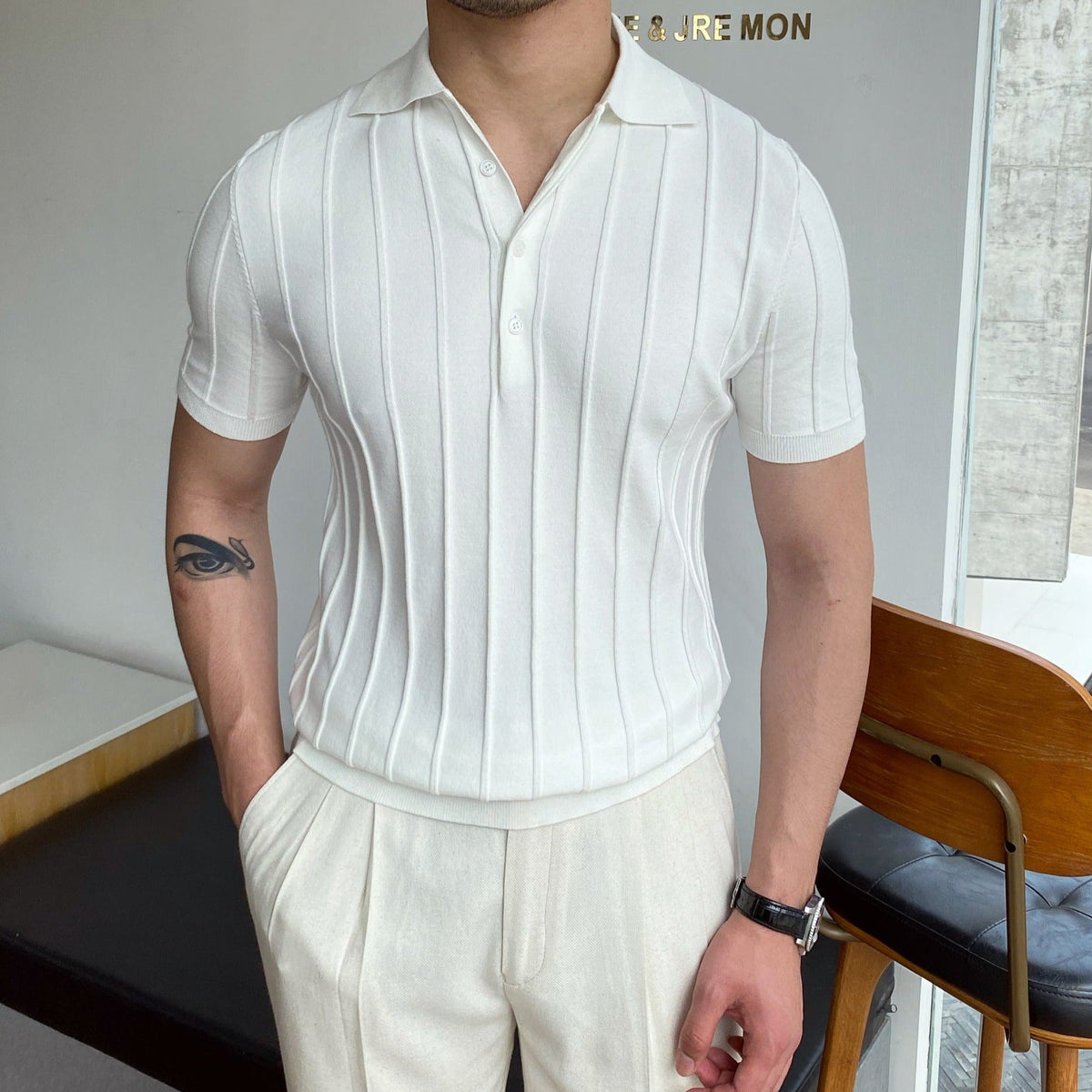 Men's Ribbed Knit Polo With Three-Button Placket - White