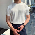 Men's Ribbed Knit T-Shirt With Plain Crew Neckline - White