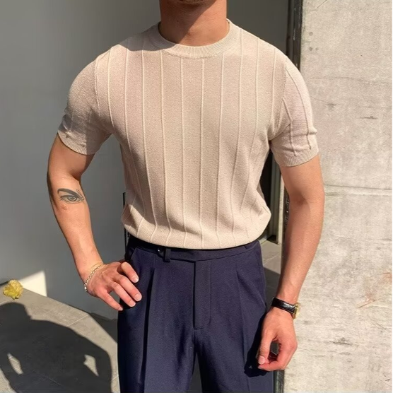 Men's Ribbed Knit T-Shirt With Plain Crew Neckline - Colour options