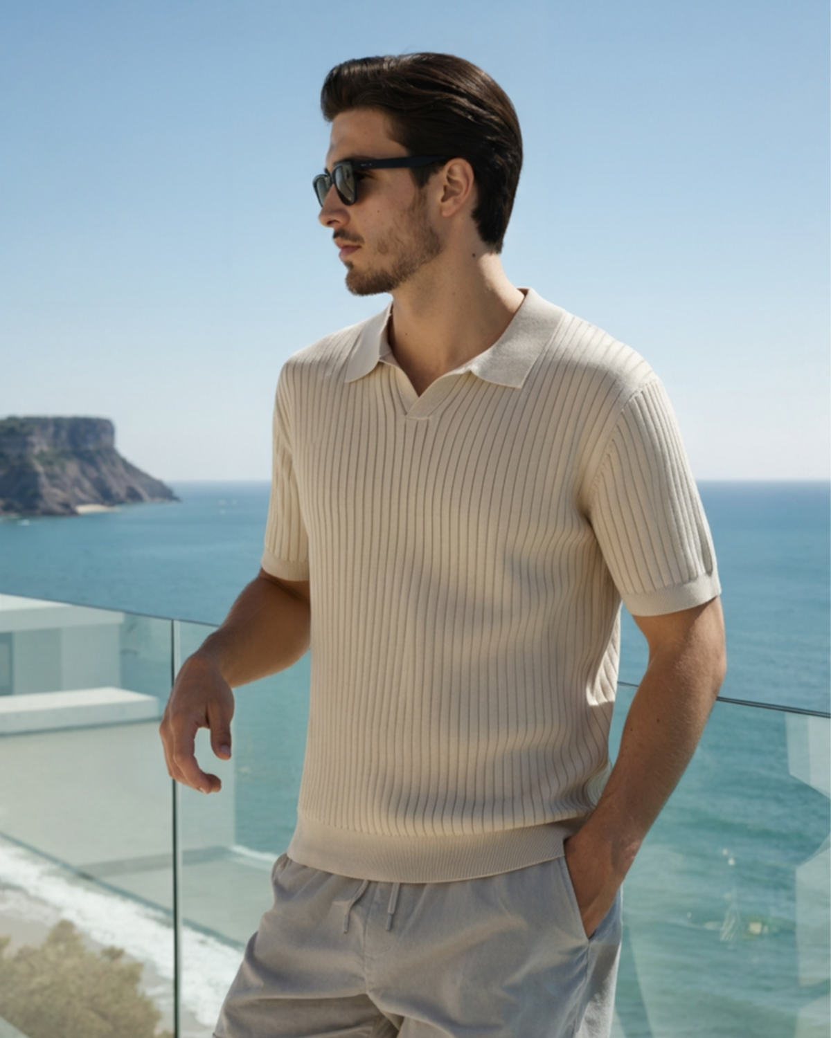 Men's Ribbed Open-Neck Polo With Short Sleeves - Beige
