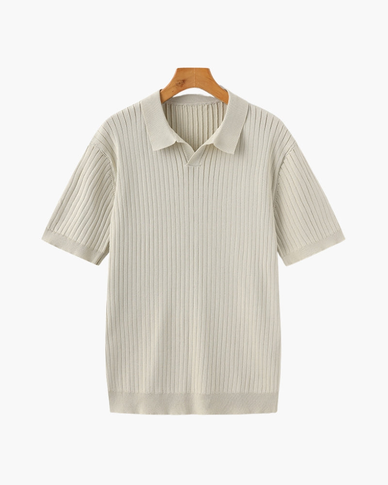 Men's Ribbed Open-Neck Polo With Short Sleeves - Beige