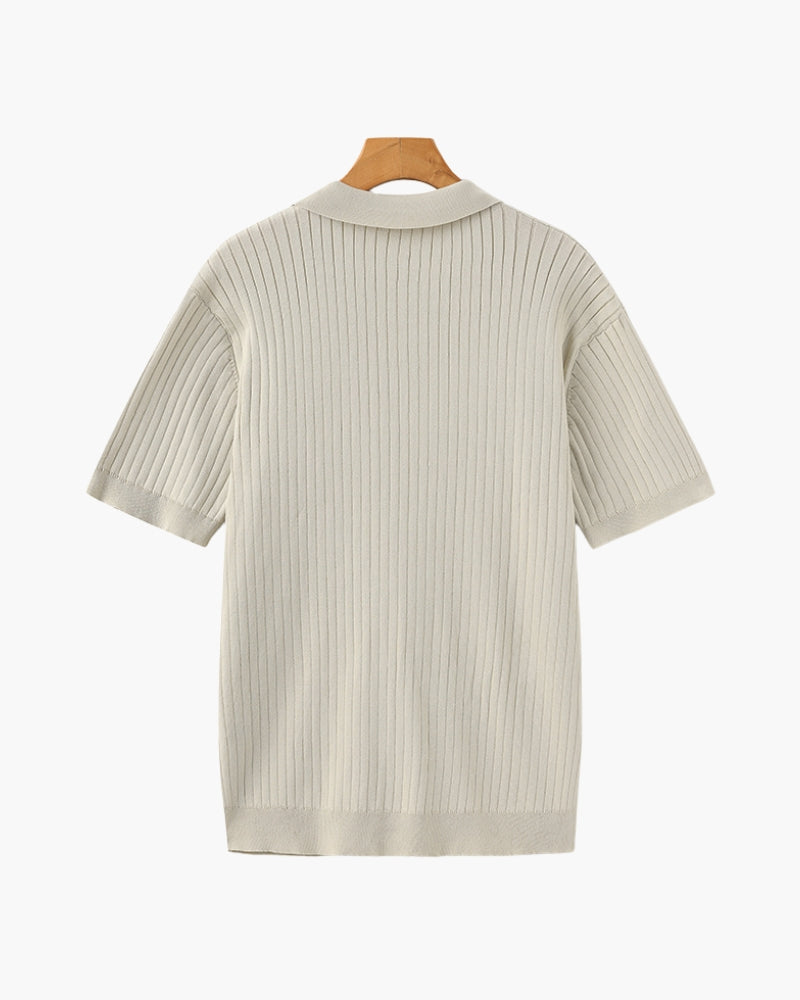 Men's Ribbed Open-Neck Polo With Short Sleeves - Beige