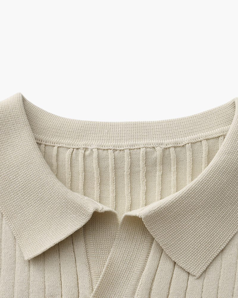 Men's Ribbed Open-Neck Polo With Short Sleeves - Beige
