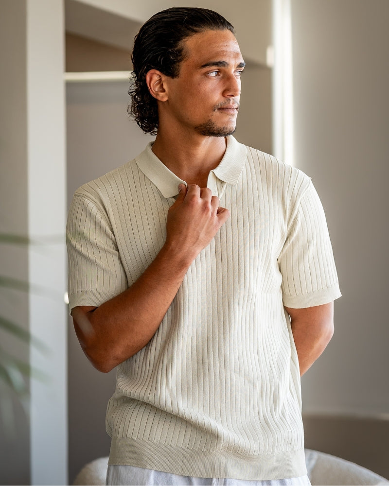 Men's Ribbed Open-Neck Polo With Short Sleeves - Beige