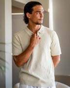 Men's Ribbed Open-Neck Polo With Short Sleeves - Beige