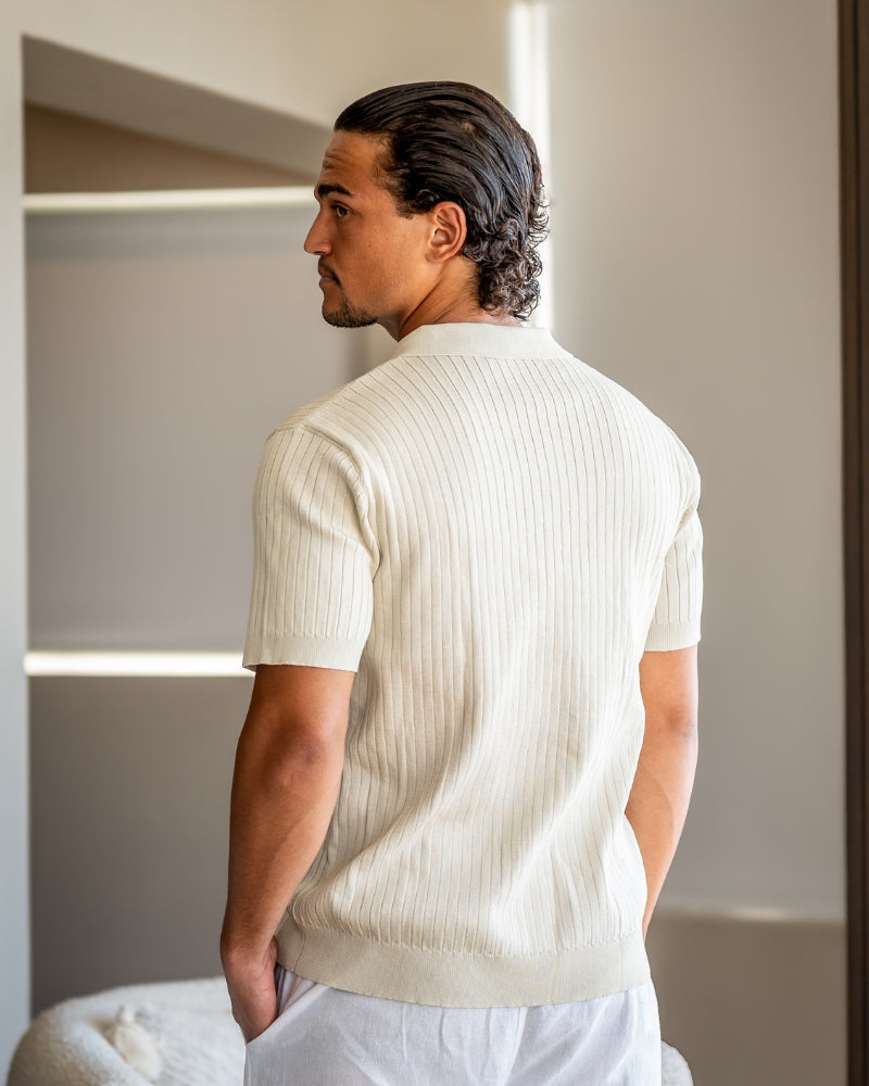 Men's Ribbed Open-Neck Polo With Short Sleeves - Beige
