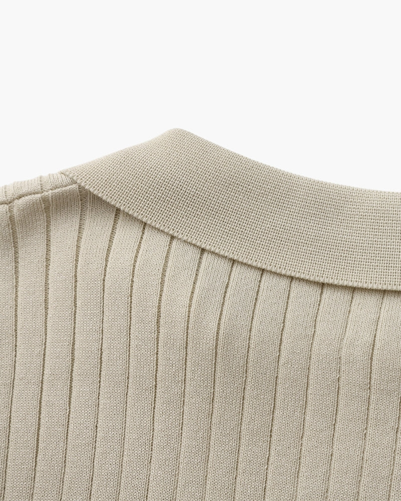 Men's Ribbed Open-Neck Polo With Short Sleeves - Beige