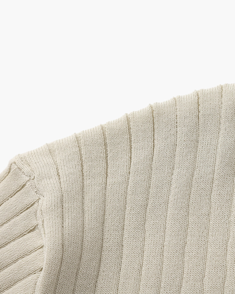 Men's Ribbed Open-Neck Polo With Short Sleeves - Beige