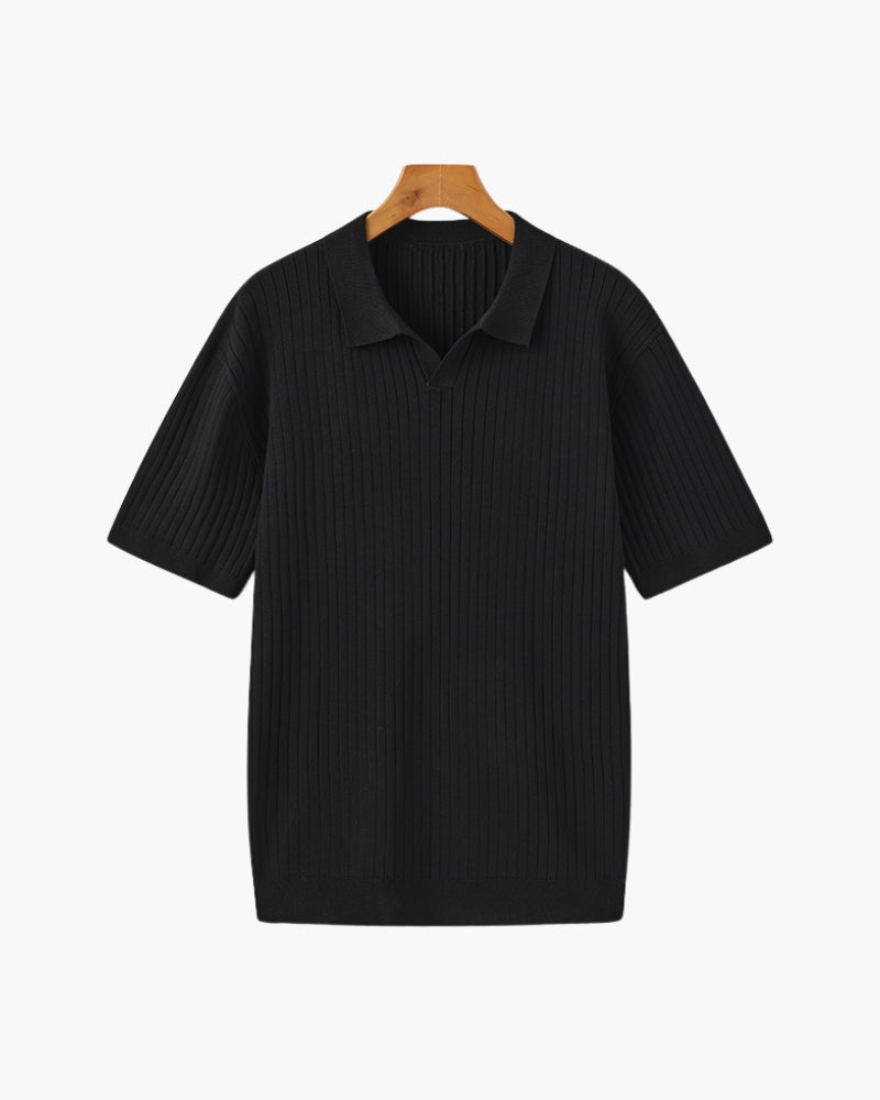 Men's Ribbed Open-Neck Polo With Short Sleeves - Black