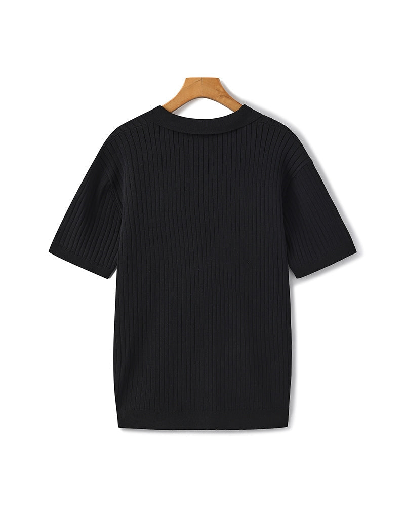 Men's Ribbed Open-Neck Polo With Short Sleeves - Black