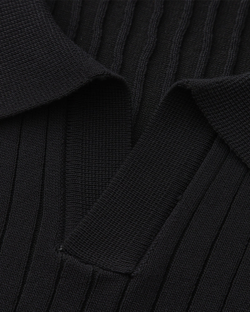 Men's Ribbed Open-Neck Polo With Short Sleeves - Black