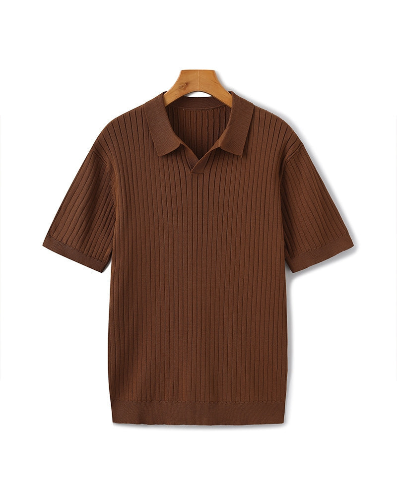 Men's Ribbed Open-Neck Polo With Short Sleeves - Brown