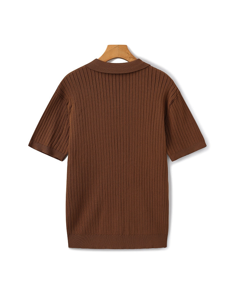 Men's Ribbed Open-Neck Polo With Short Sleeves - Brown